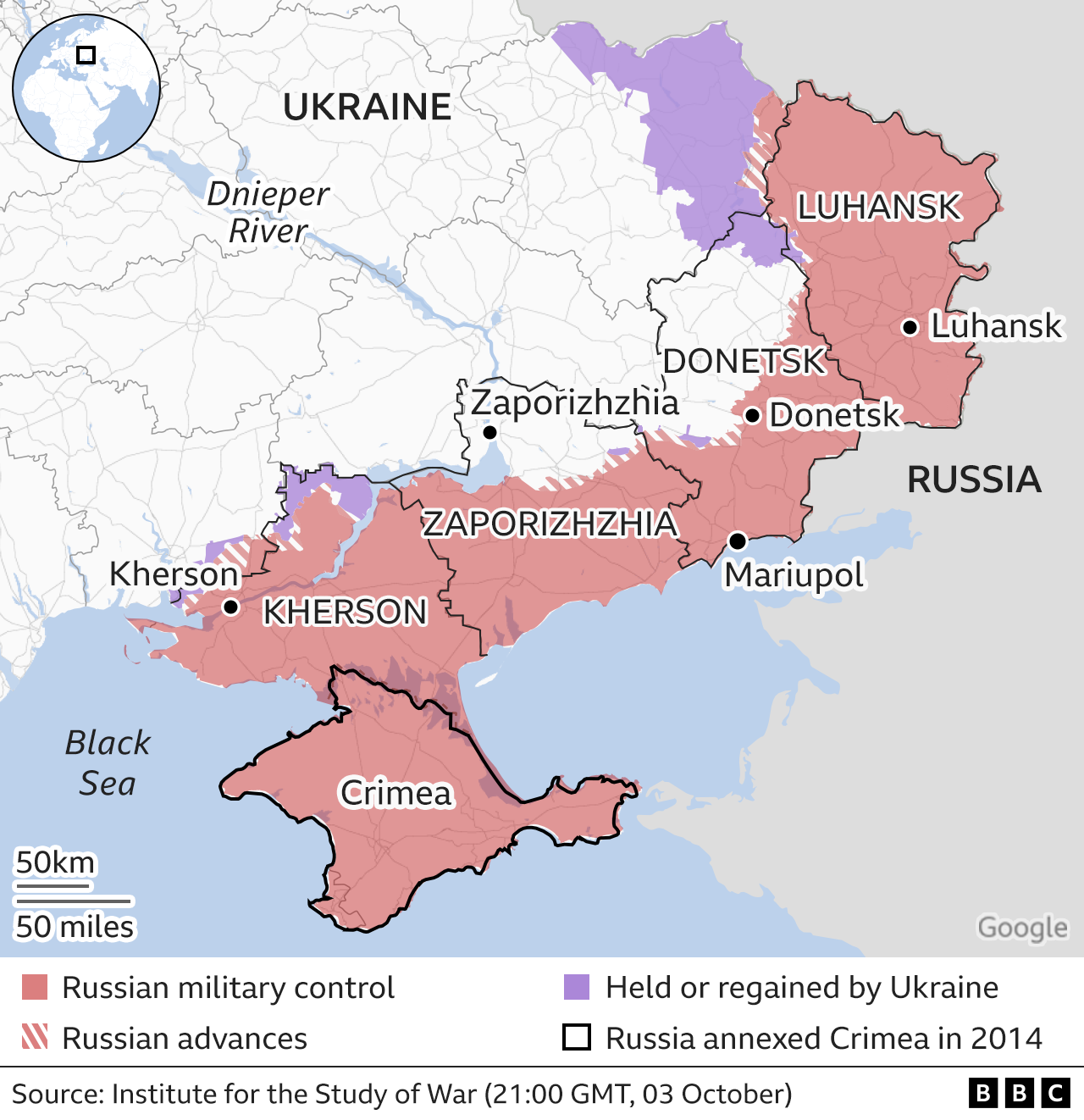 Map showing the four regions Russia is annexing. Updated 3 October