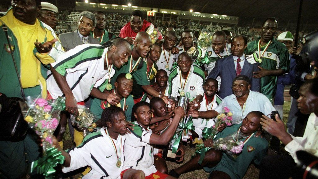 Cameroon celebrate victory over Nigeria in the African Nations Cup Final at the National Stadium in Lagos, Nigeria. Cameroon won 4-3 on penalties after the match ended 2-2