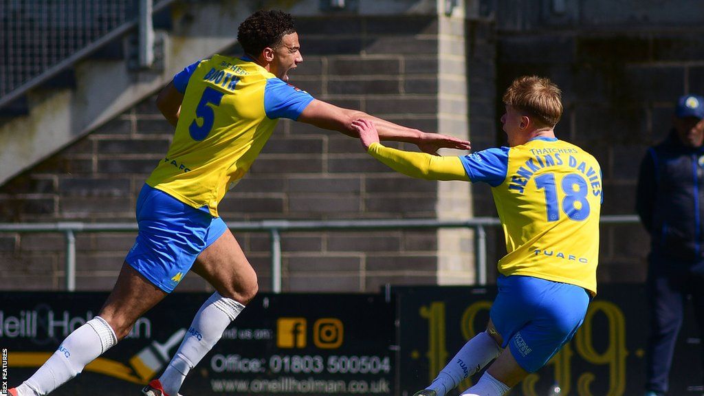 Austen Booth celebrates a spectacular goal for Torquay United