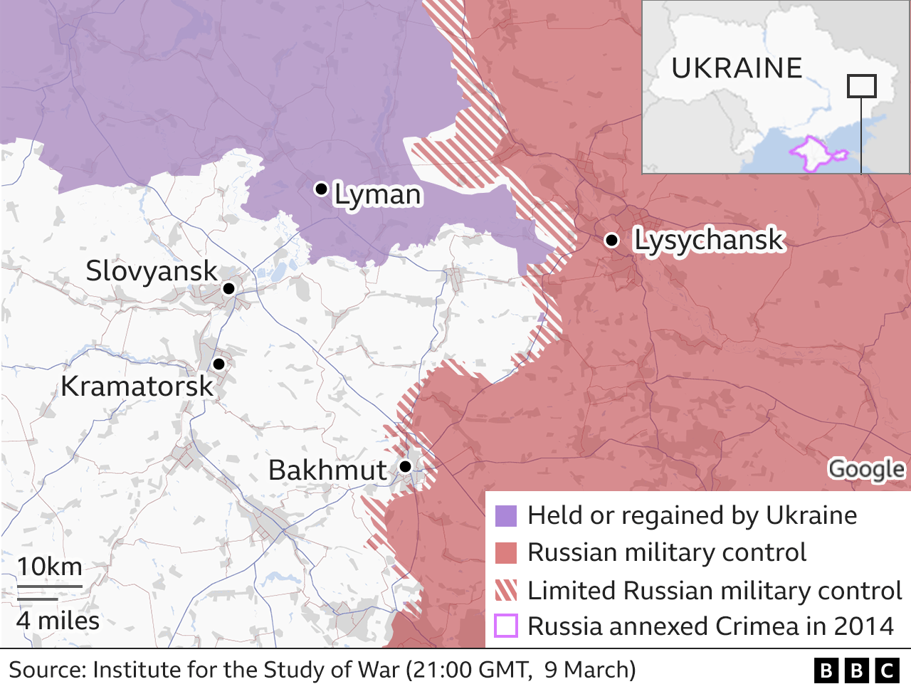 Map showing the areas under Russian and Ukrainian control around Bakhmut in the east of Ukraine..