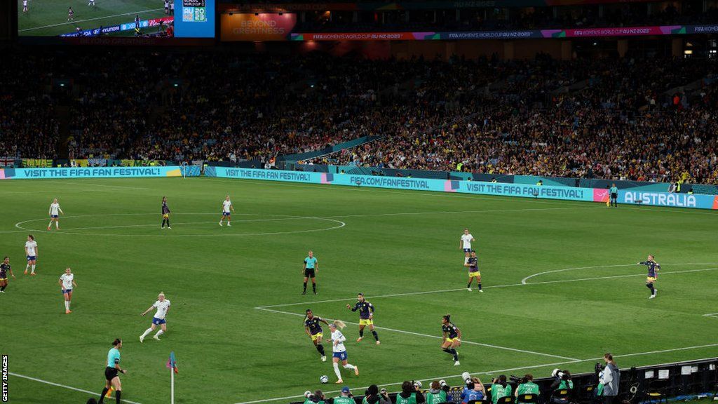 England in action against Colombia at Stadium Australia in Sydney in their quarter-final