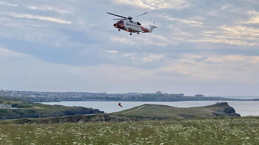 Coastguard Helicopter Rescues Man From Island In Newquay - BBC News