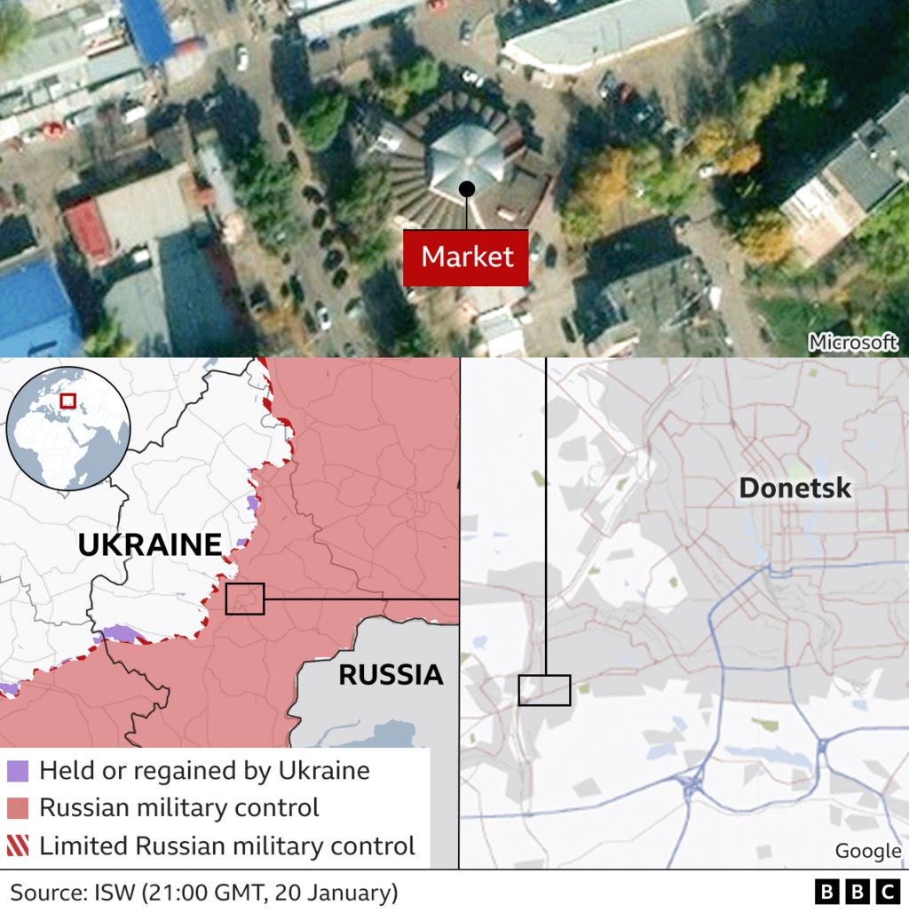 A map shows where the market in Donetsk is and how that fits into the wider war