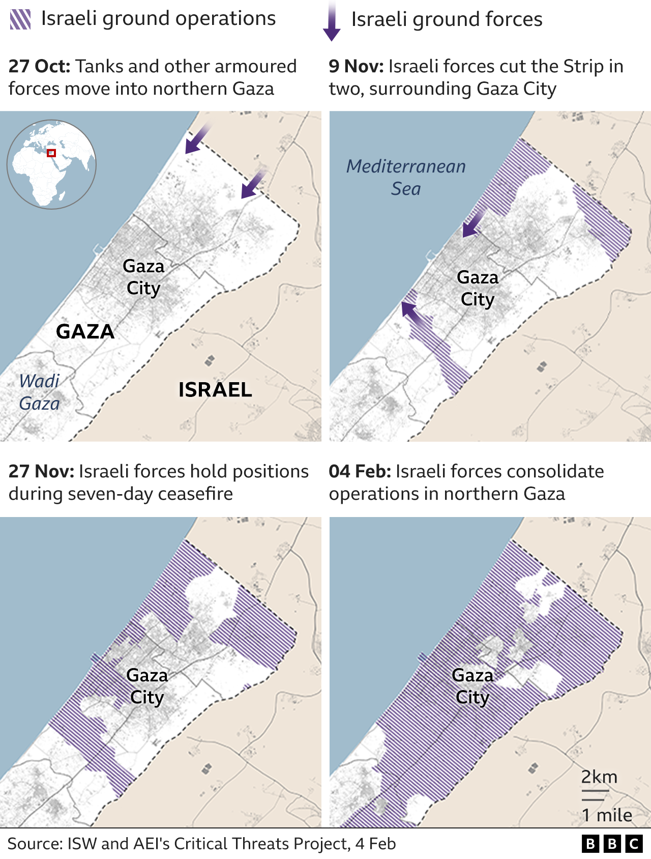 Quattro mappe che mostrano come i carri armati e le truppe israeliane siano entrati a Gaza da nord il 27 ottobre e da più sud nei giorni successivi fino a quando non hanno tagliato fuori Gaza City dal sud di Gaza e dalla costa.