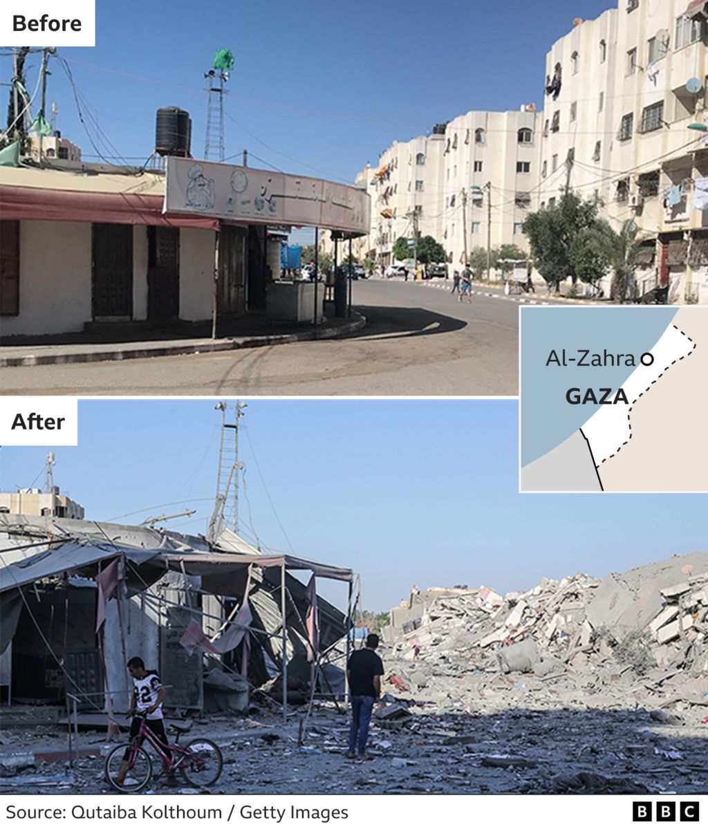 Two images showing the shops on Al-Zahra Street next to the park before and after the strikes were carried out on the main row of tower blocks in the neighbourhood