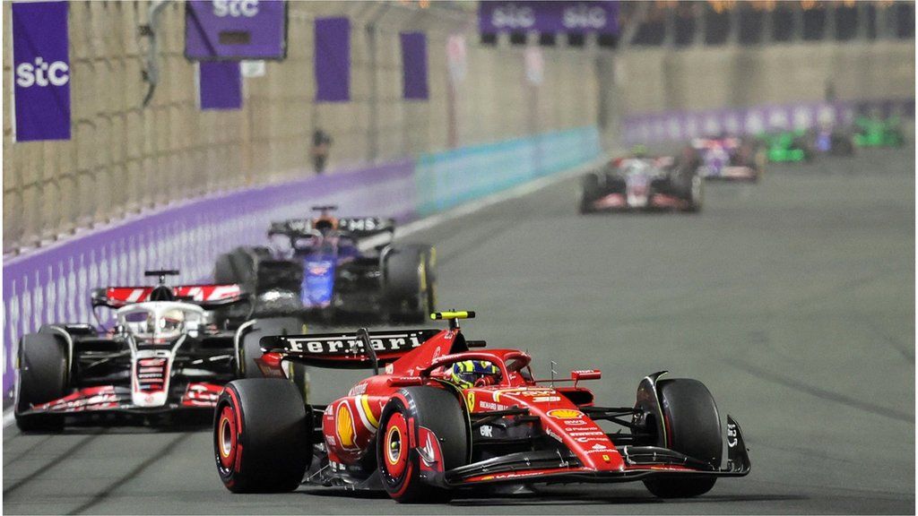 Oliver Bearman in the Ferrari leads a train of cars during the Saudi Arabian Grand Prix