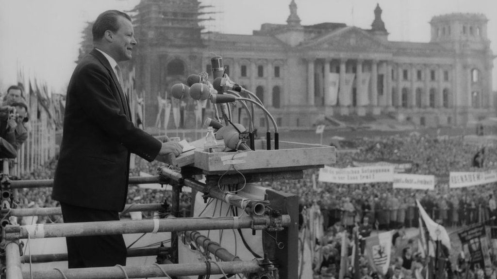 Willy Brandt Mayor of West Berlin, addresses the crowds on May Day in front of the Reichstag, Berlin, 1960