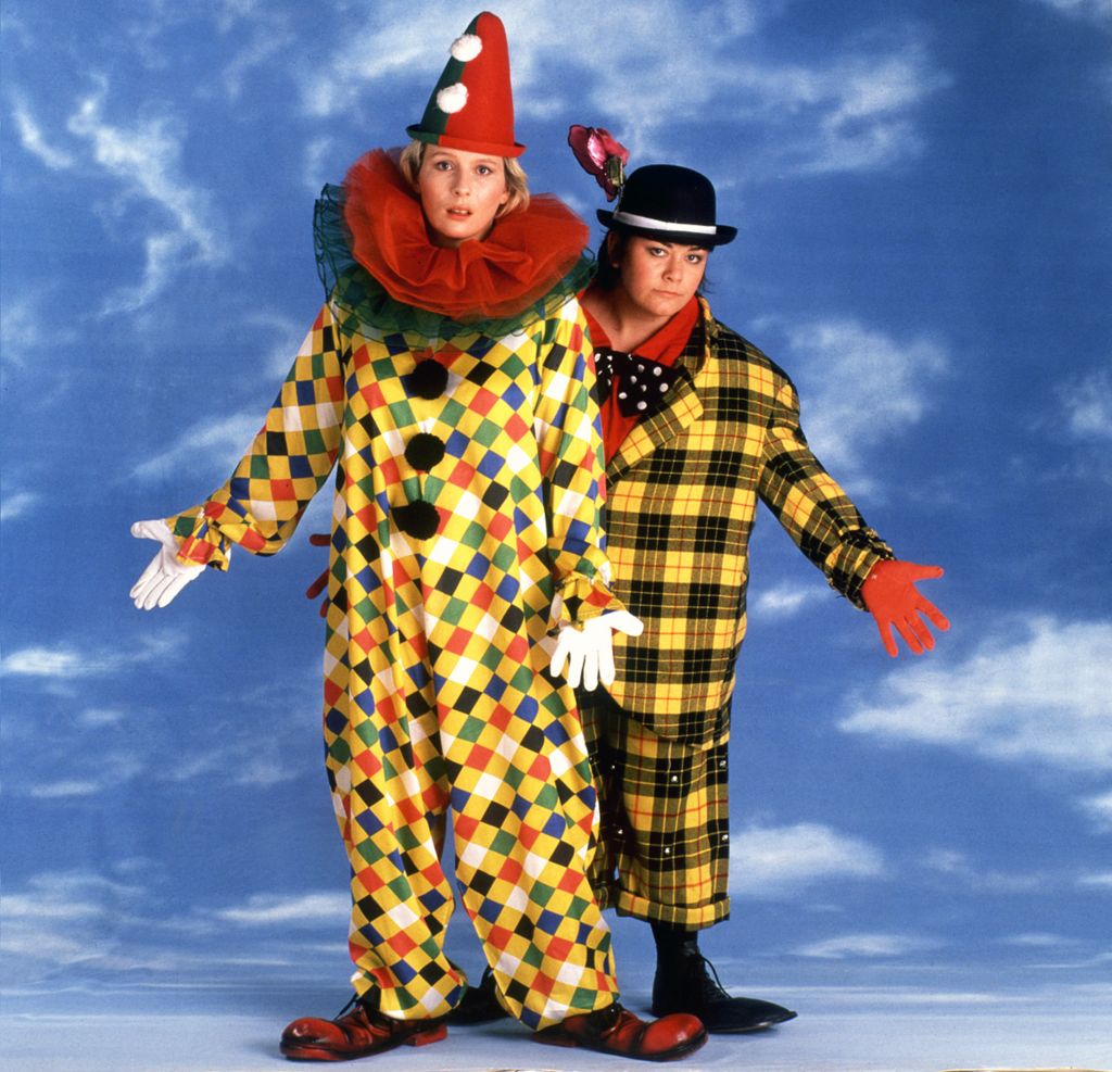 Dawn French and Jennifer Saunders dressed as clowns