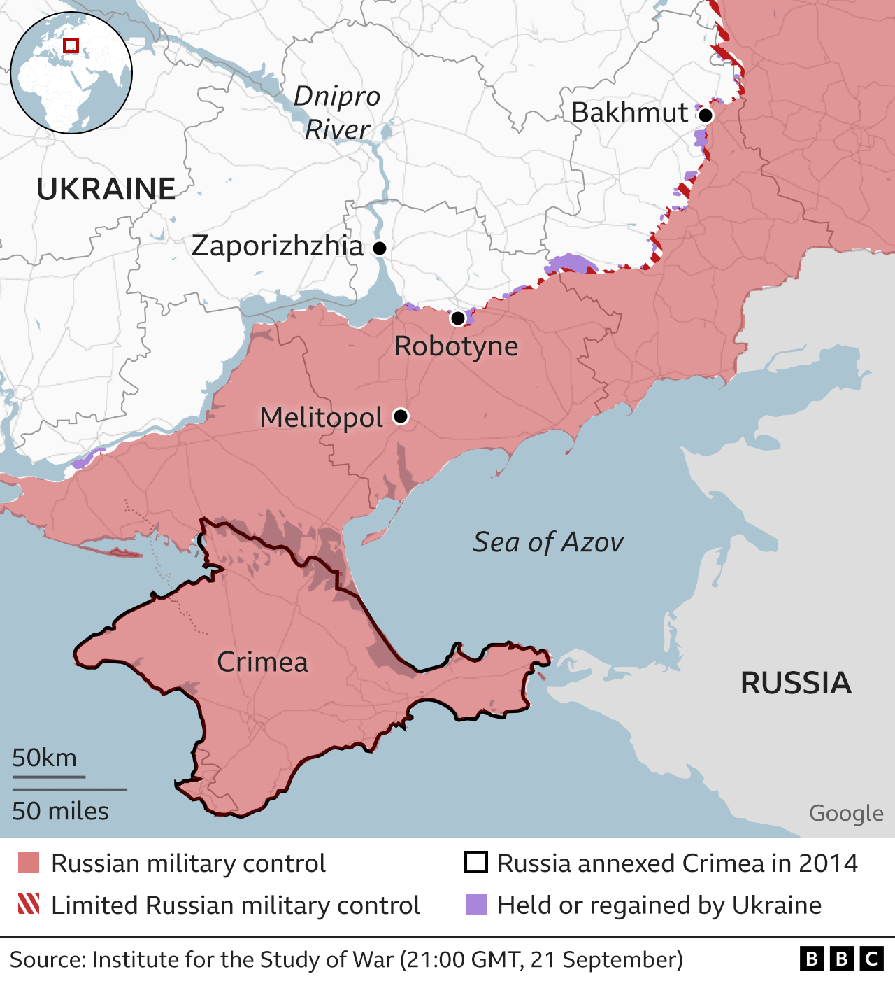 Map showing the south of Ukraine and how far Ukrainian forced still have to go to reach the Sea of Azov