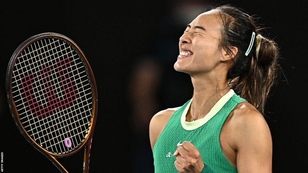 Zheng Qinwen celebrates reaching the Australian Open final