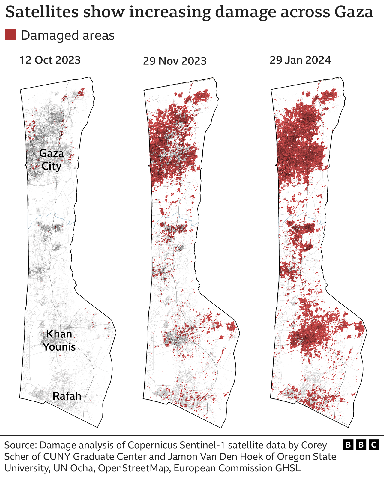 A map graphic showing the increasing damage across Gaza from October to November to January