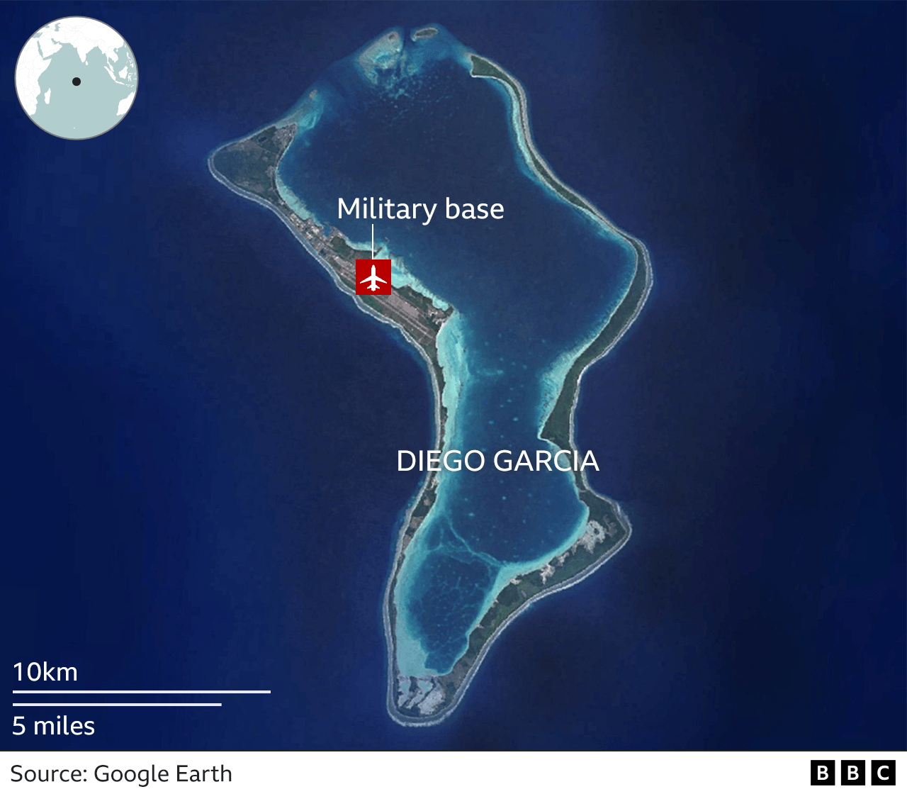 Satellite image of Diego Garcia, with a label showing the location of the UK/US military base to the north-west