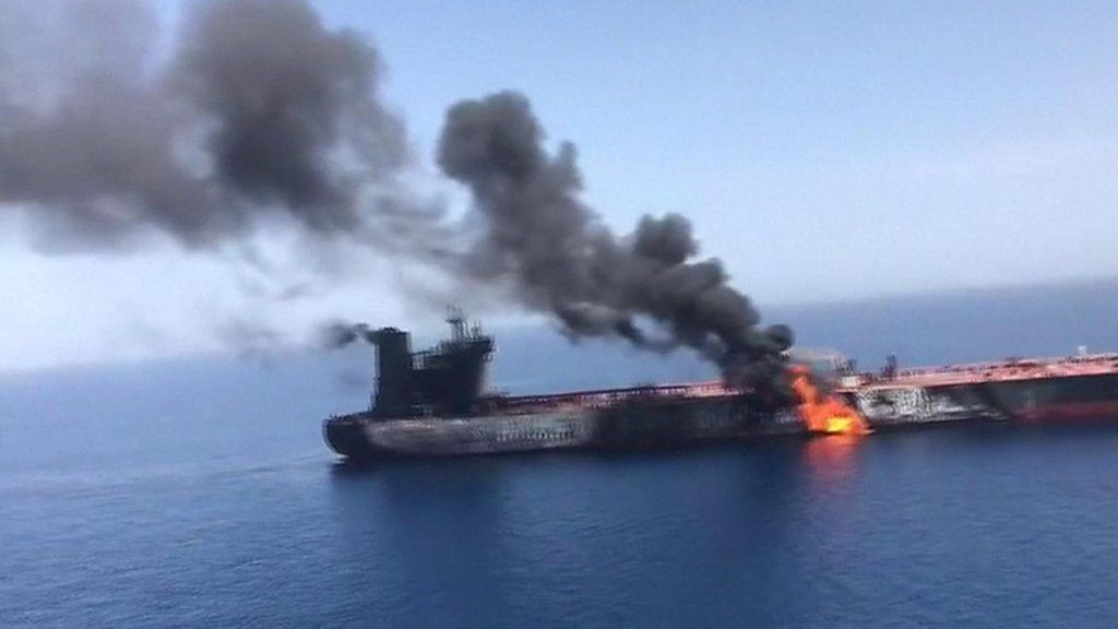 An unverified image of what Iran's Press TV says is a burning tanker in the Gulf of Oman