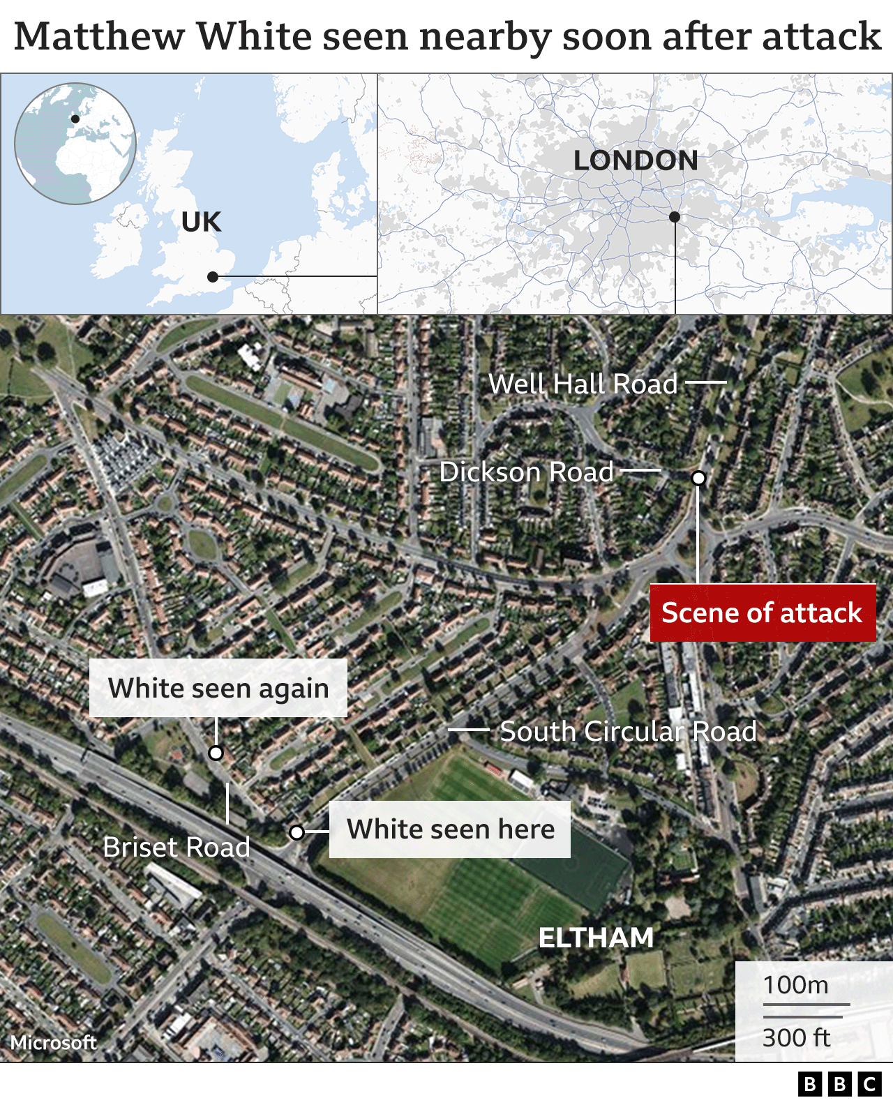 Map showing the scene of the attack on Stephen Lawrence and two nearby places in Eltham where Matthew White was seen