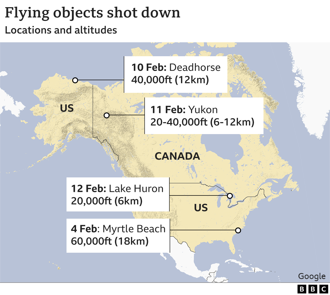 Map showing location and altitudes of shot down objects.