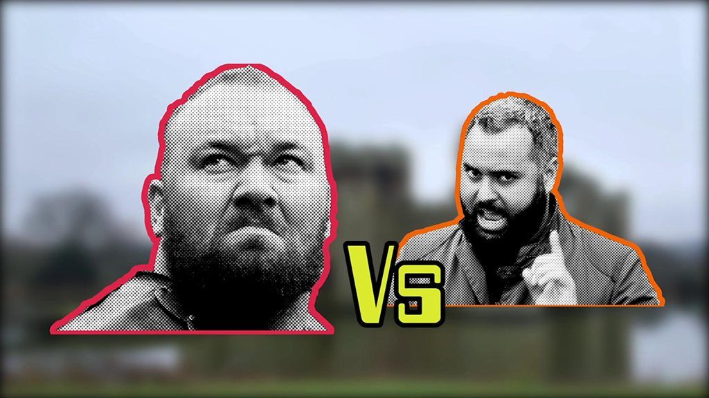 A graphic which shows Hafthor Bjornsson and BBC Click reporter Marc Cieslak
