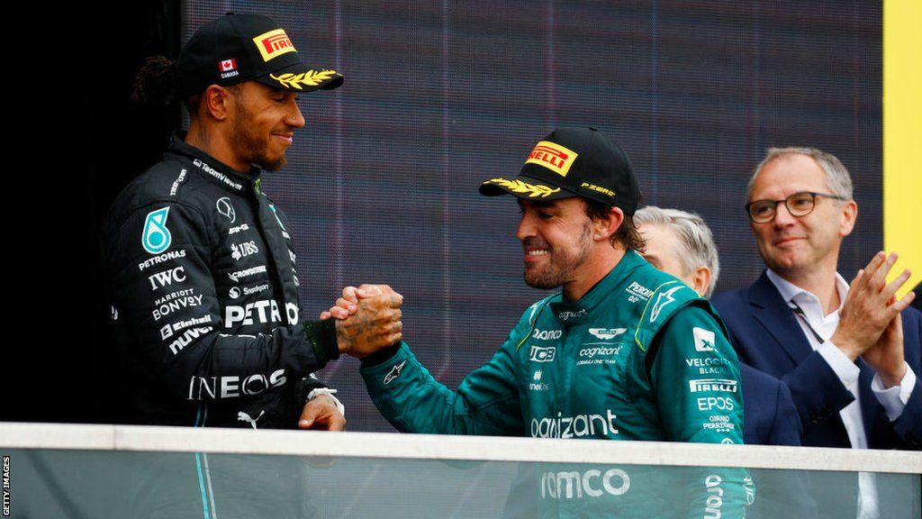 Lewis Hamilton congratulates Fernando Alonso after the 2023 Canadian Grand Prix