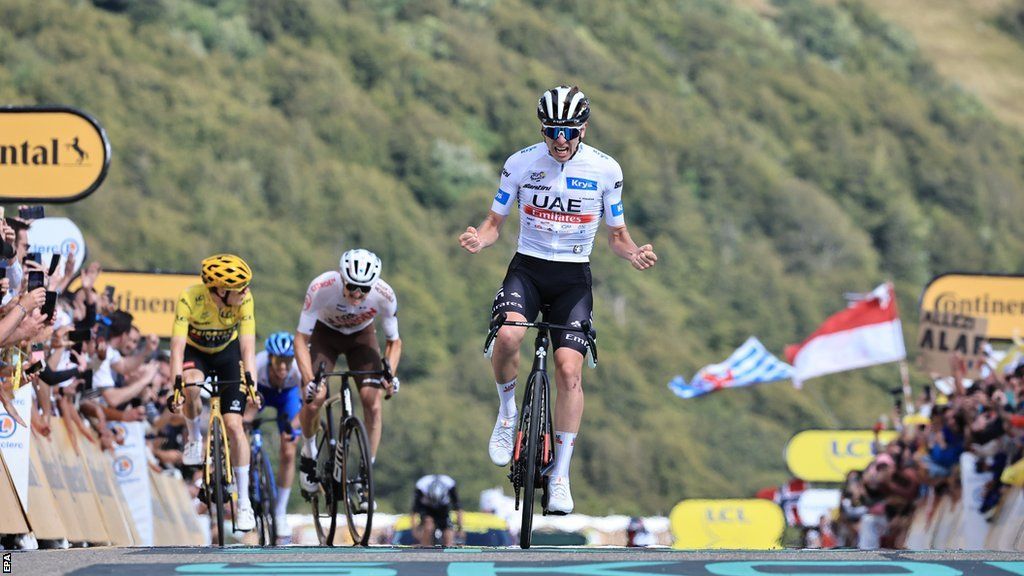 Tadej Pogacar celebrates winning stage 20 of the 2023 Tour de France