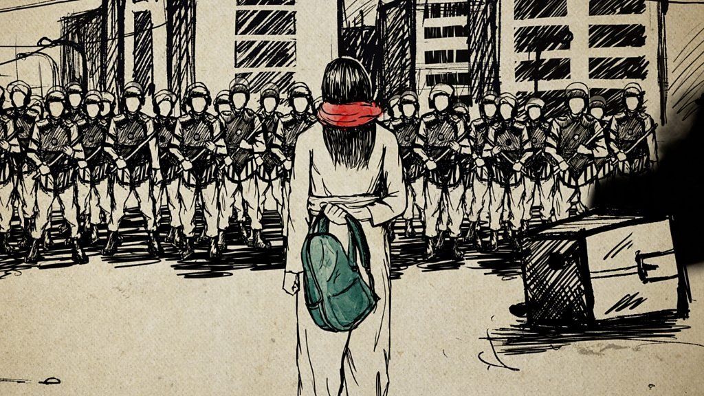 Illustration of blindfolded woman facing armed police