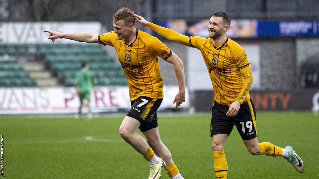 Will Evans of Newport County celebrates scoring his sides first goal