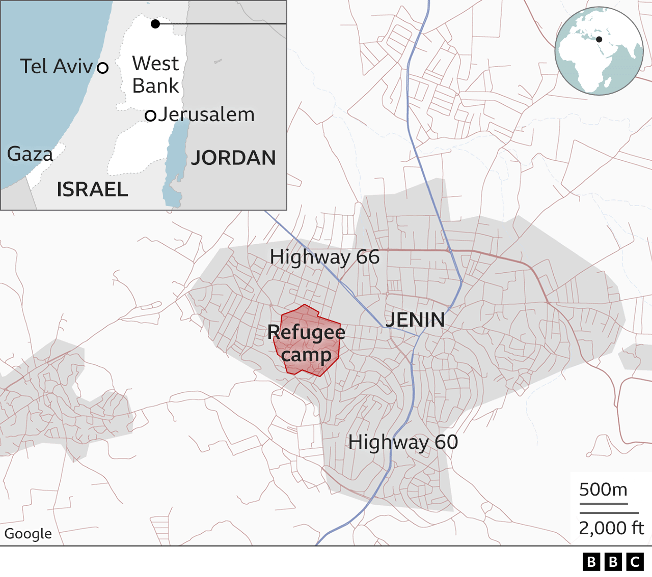 Mapa de Yenín y su campo de refugiados