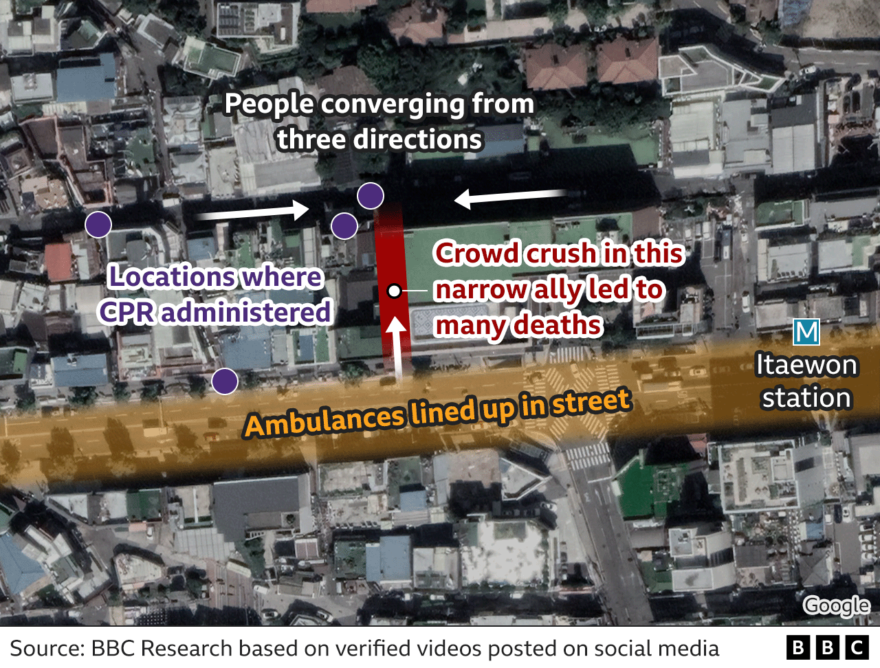 Спутниковый снимок района Итхэвон, на котором видно, как в узком переулке произошла давка