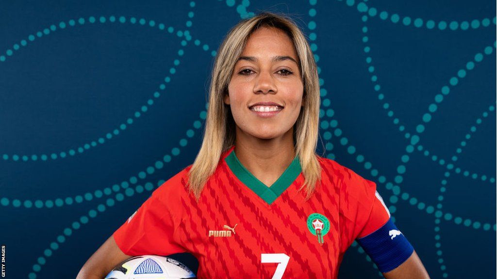 Morocco forward Ghizlane Chebbak with a football before the 2023 Women's World Cup