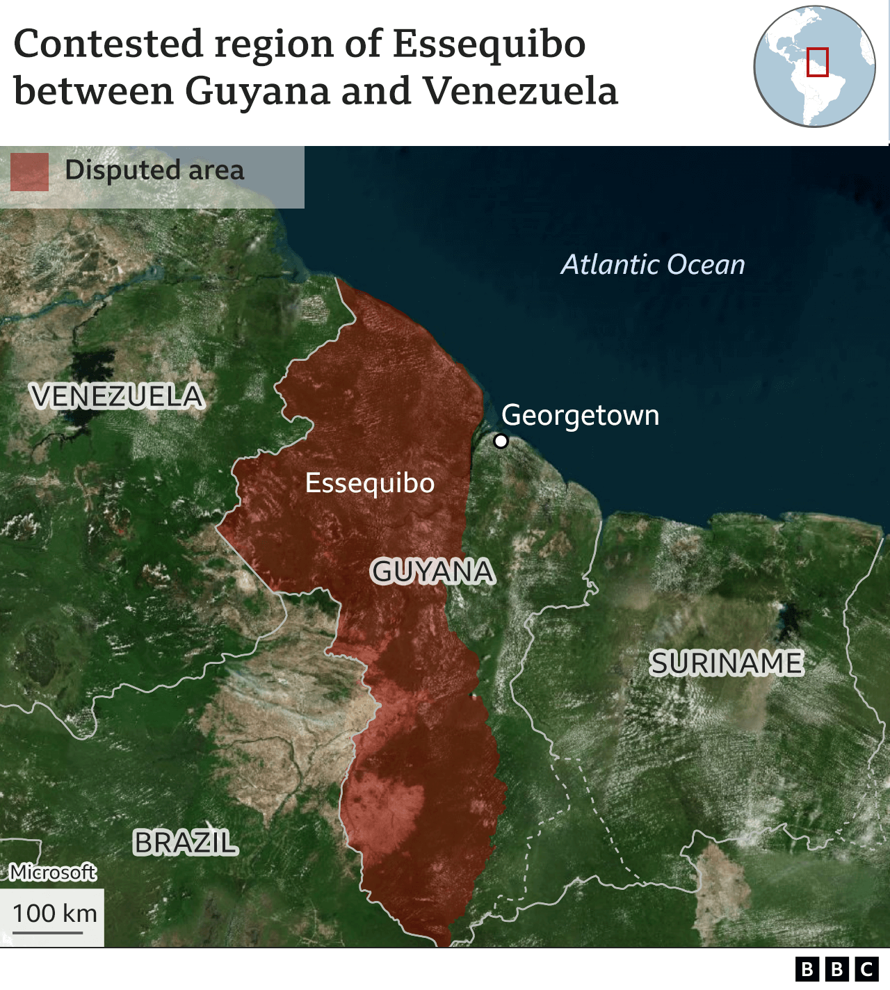 Map of border between Guyana and Venezuela