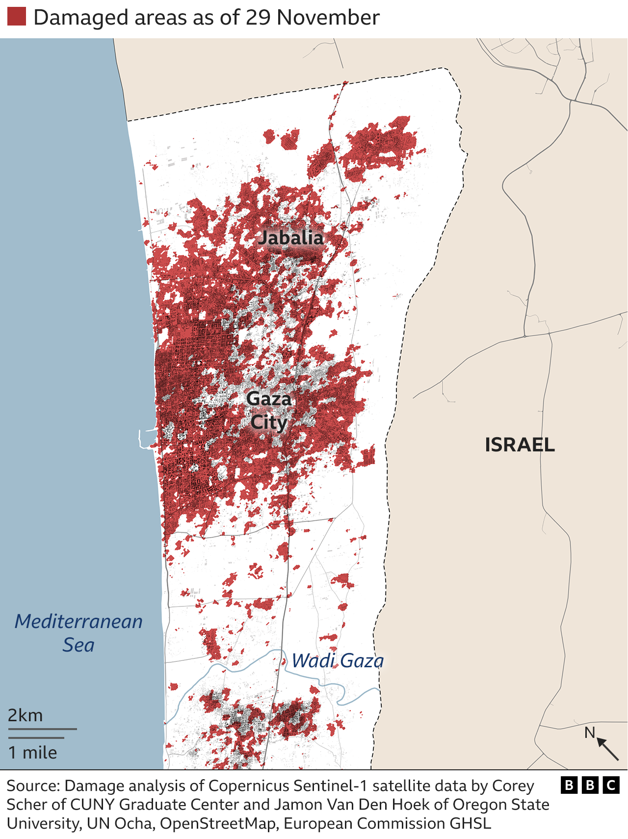 Map showing satellite analysis of damage to buildings in northern Gaza as of November 29.