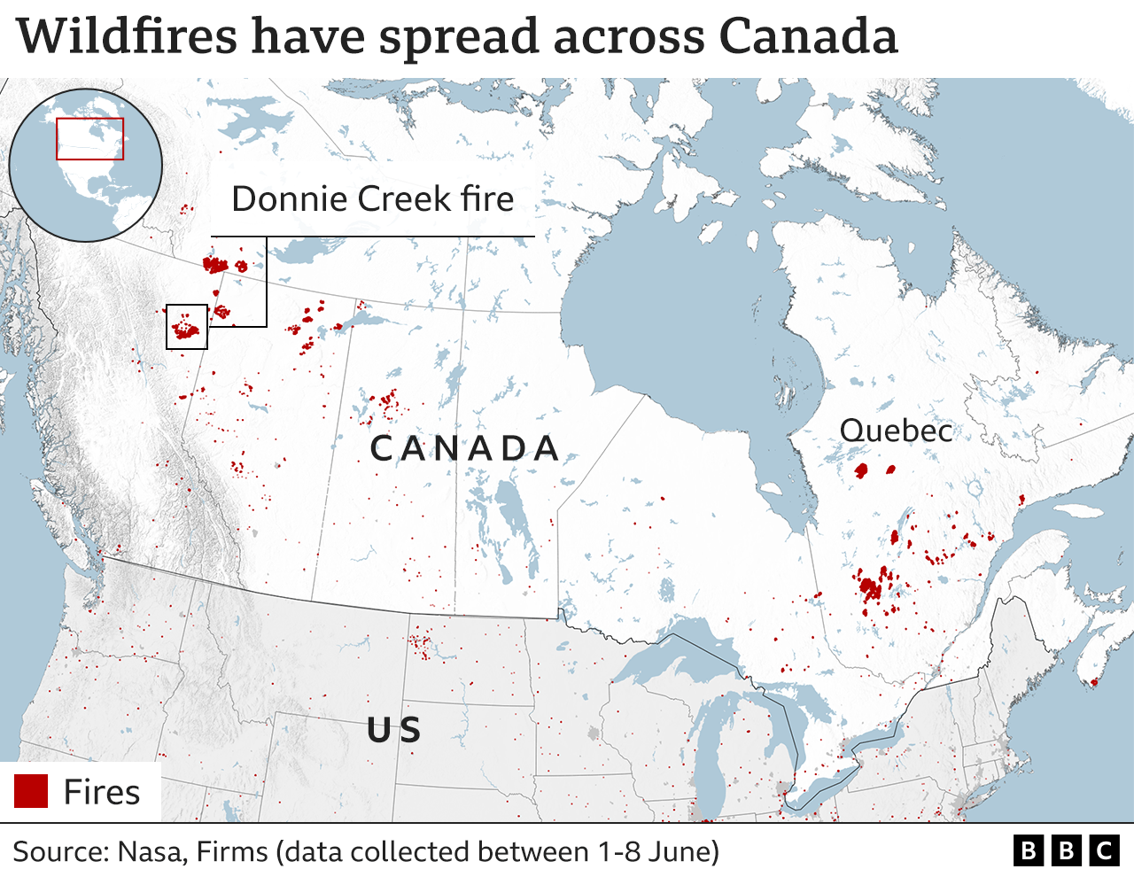 Mapa que muestra la ubicación de los incendios en todo Canadá, con el mayor incendio en la Columbia Británica y otro gran grupo en Quebec