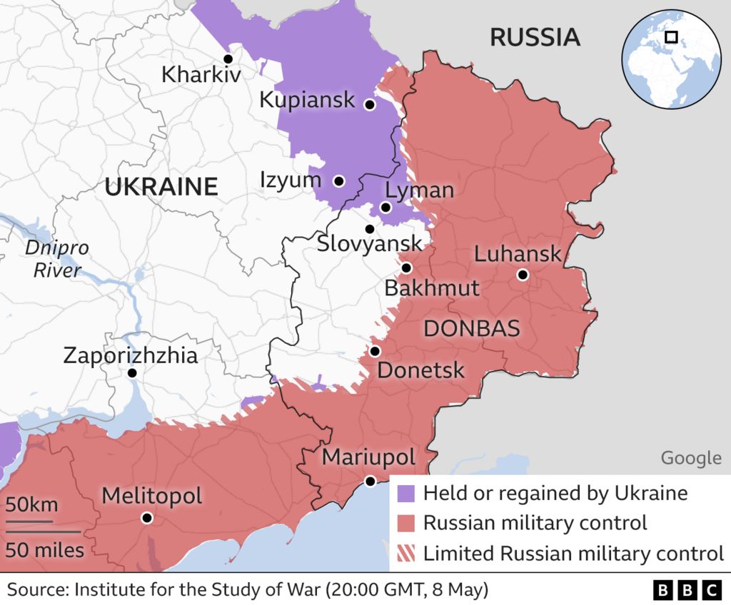 A map that shows the front lines in Ukraine