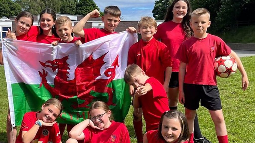 Pupils with Welsh flag