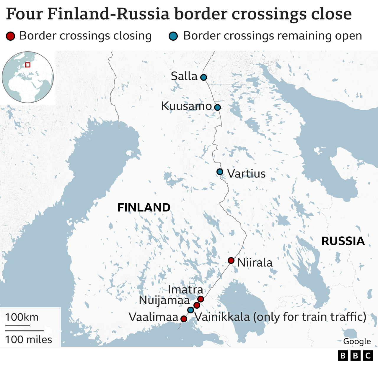 Finlandiya-Rusya sınırındaki sınır geçişlerinin haritası