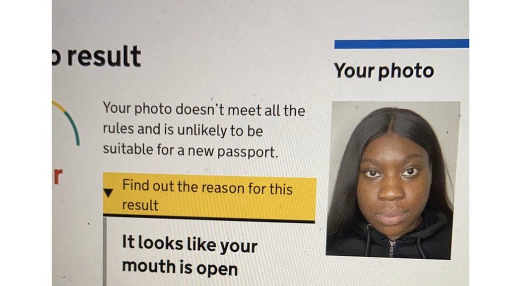 A photo of Elaine Owusu on the passport website with an error message saying it looks like your mouth is open