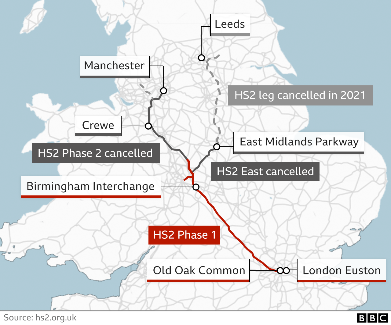 Map of HS2 showing current plans and cancelled routes across England.