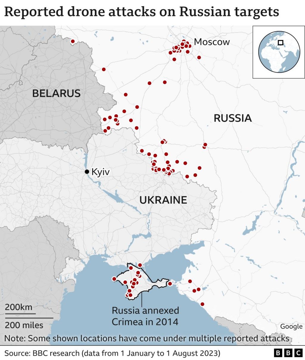Map of Russia showing reported drone attacks, based on BBC research