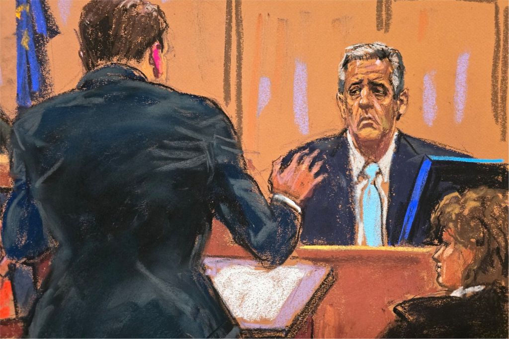 Former Trump attorney Michael Cohen pictured testifying in a court sketch on Tuesday. No photos are permitted inside the courtroom when court is in session