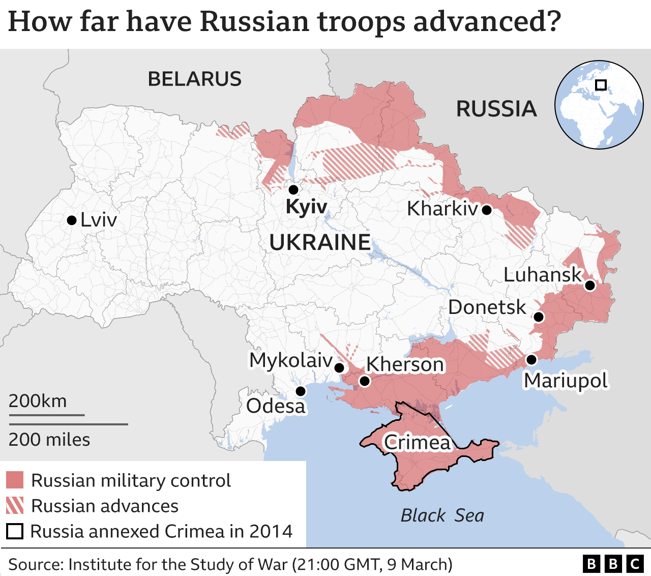 Map showing areas of Ukraine that are under Russian control. Updated 10 March.