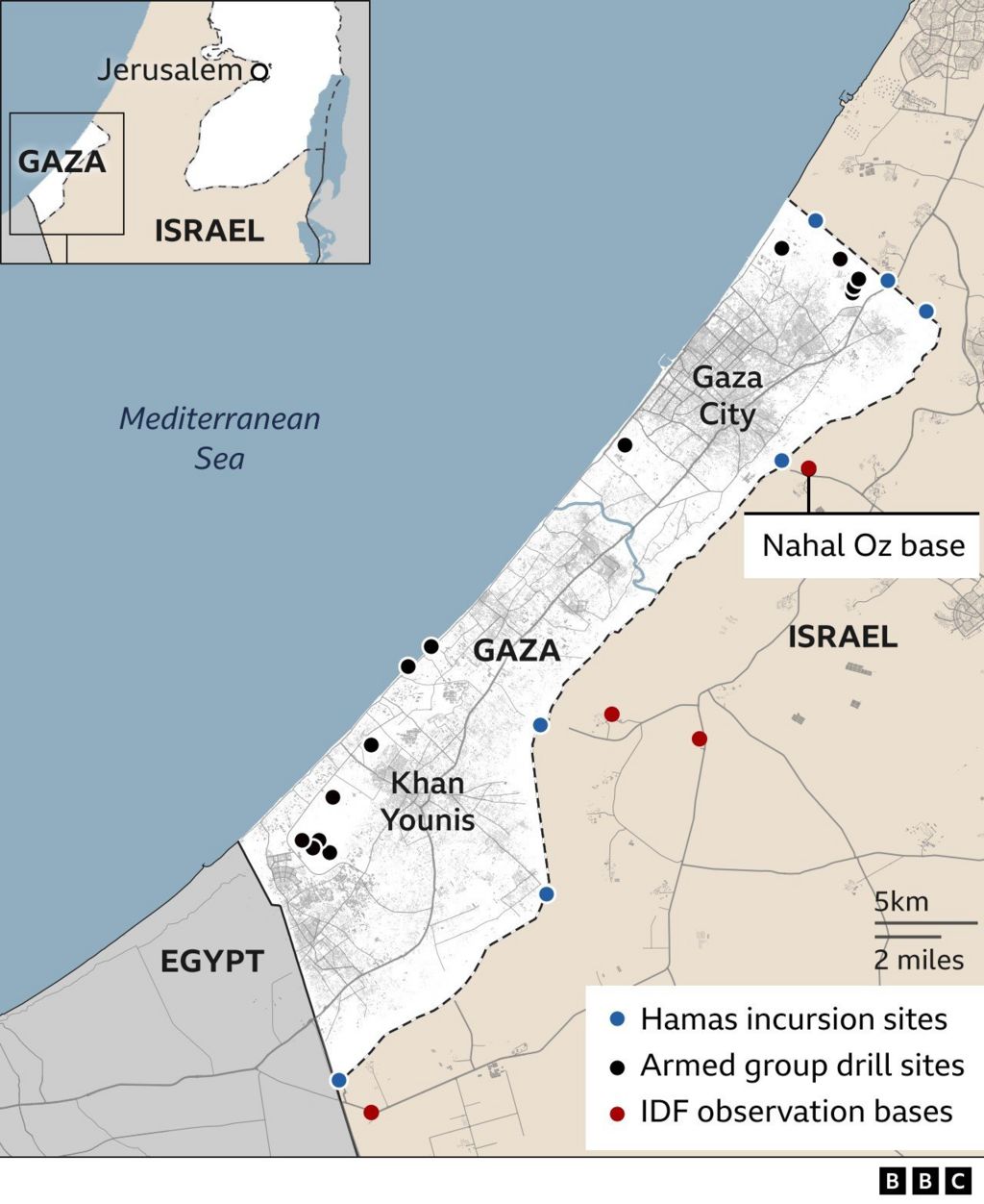 Map of Gaza with partial view of Israel, showing border fence, IDF observation bases, armed group drill sites and sites of Hamas incursion