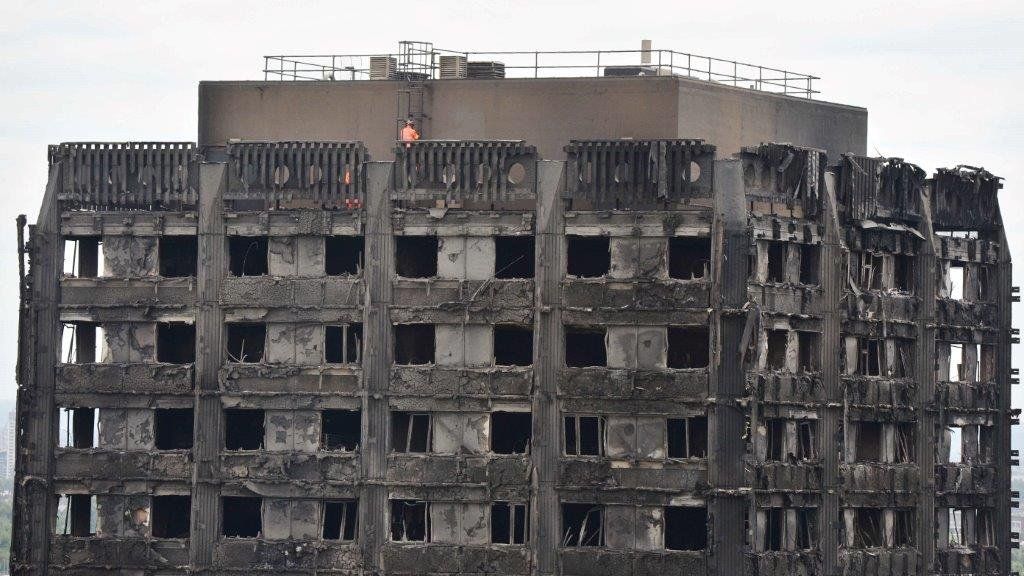burnt out roof of Grenfell Tower after fire