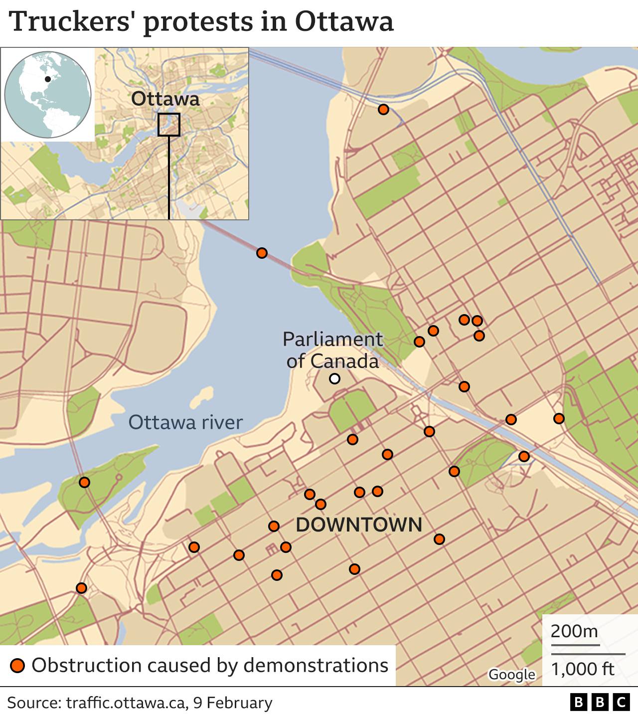 Map showing locations affected by truckers' protests in Ottawa, 9 February 2022