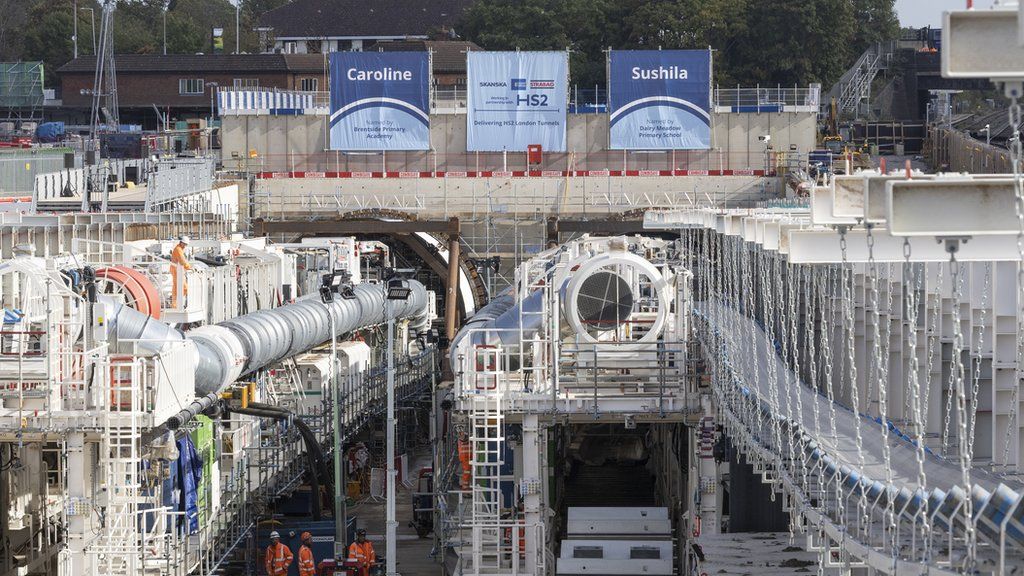 The HS2 site during a media visit to watch the switching on of one of the two Tunnel Boring Machines run by HS2 ltd in Ruislip, England.