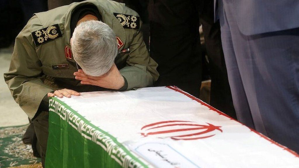 Brigadier General Esmail Ghaani, the newly appointed commander of the Quds Force, reacts during the funeral prayers over the coffins of Iranian Major-General Qasem Soleimani and Iraqi militia commander Abu Mahdi al-Muhandis on 06 January 2020.