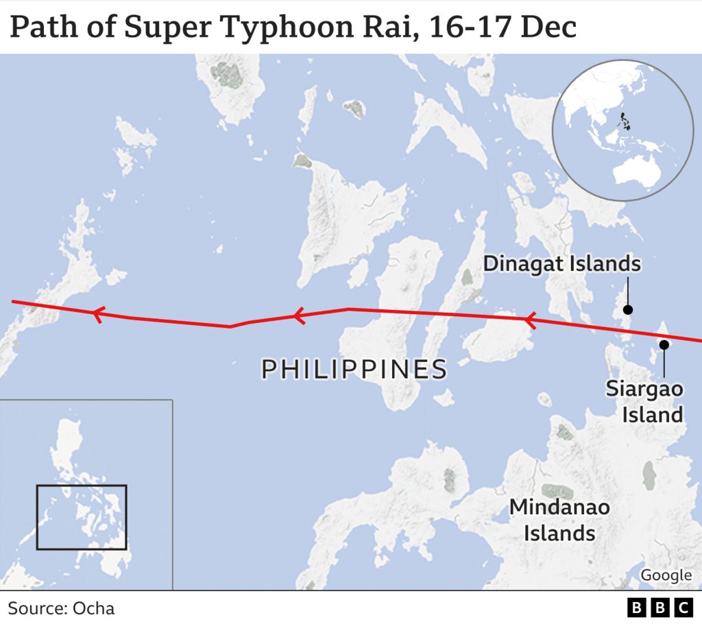 Path of Typhoon Rai on 16-17 December 2021