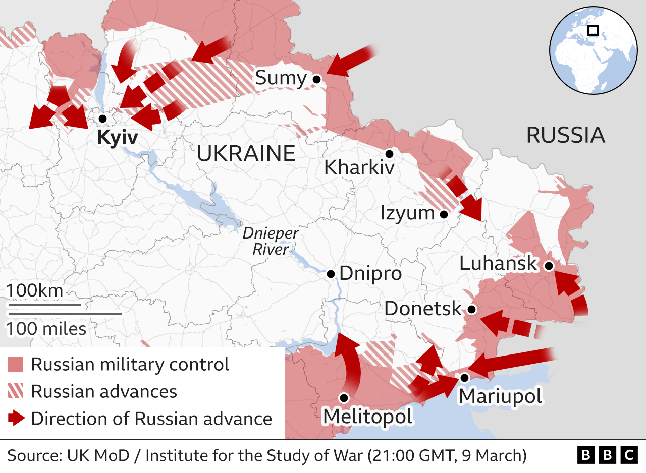 Map showing the Russian military advance into Ukraine from the east. Updated 10 MAR