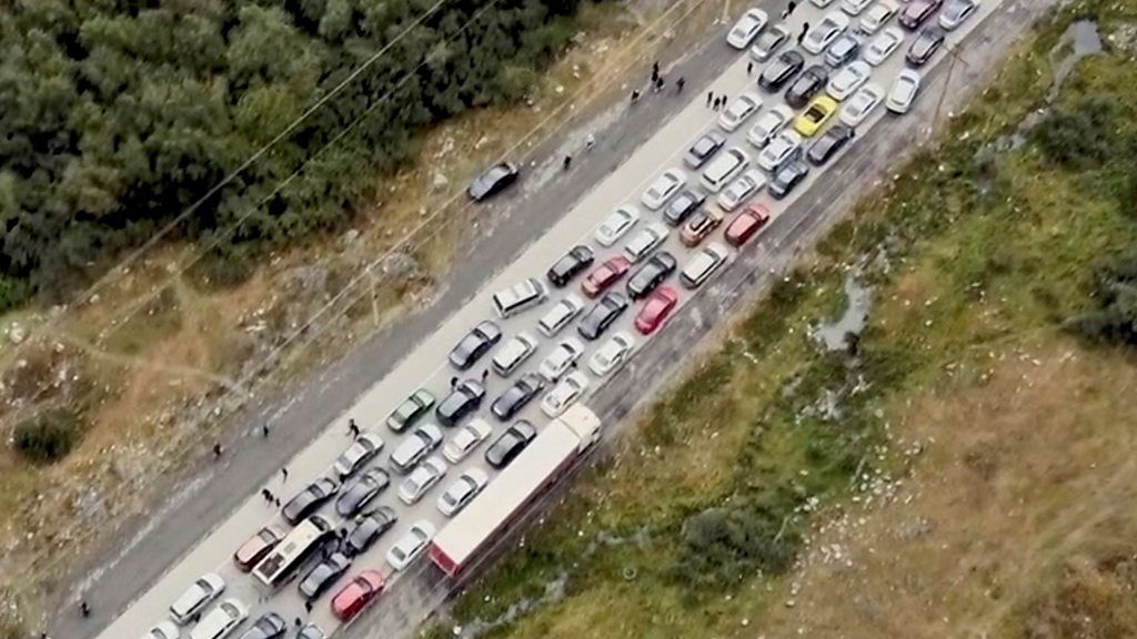 Aerial shot of traffic jam on Georgian border