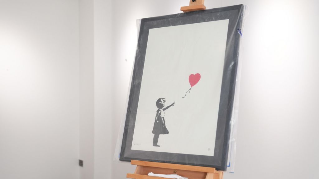 A drawing of a young girl in black ink. She stretches out an arm and appears to have let go of a red balloon on a string, which floats into the air.