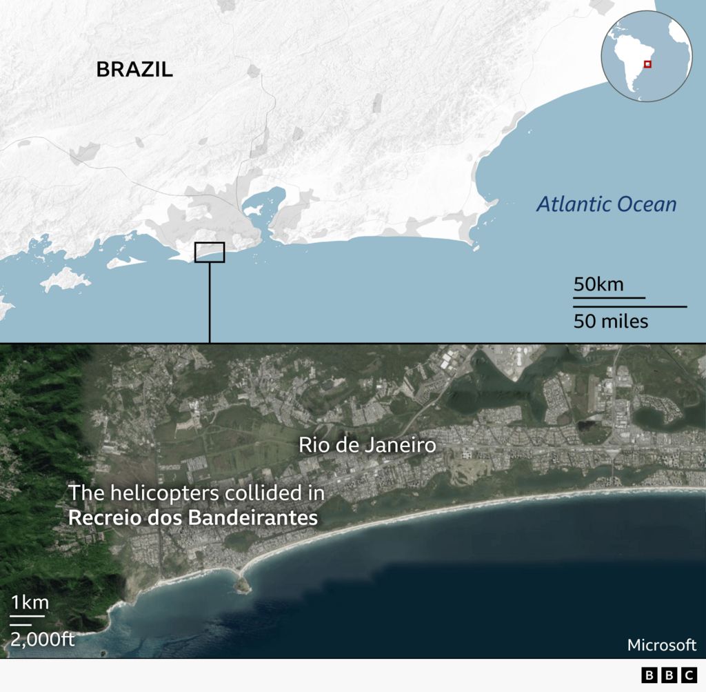Two-part graphic showing the location of a helicopter collision in Brazil. The top panel is a simplified map of south‑east Brazil, highlighting the Atlantic Ocean coastline and the general area of Rio de Janeiro, with a small inset globe showing Brazil’s position in South America. The bottom panel is a satellite image of the Rio de Janeiro coastline with text marking Recreio dos Bandeirantes as the area where the helicopters collided. The coastline, urban areas, hills, and ocean are visible.