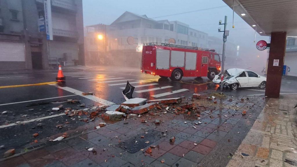 Debris from a fallen parapet in Hualien