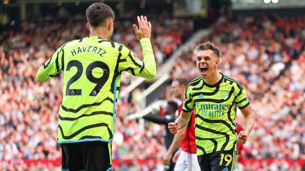 Leandro Trossard and Kai Havertz celebrate the Belgian's goal at Old Trafford